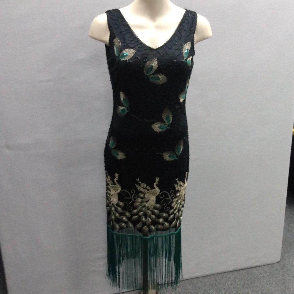 Black Beaded Peacock-Embellished Fringe Dress